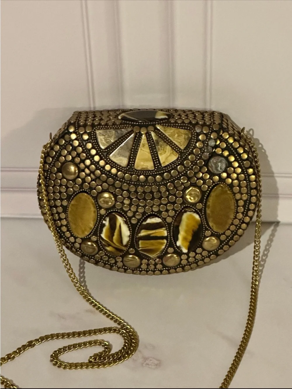 Vintage Brass Mosaic Clutch Boho Hard Case Evening Bag Stones Crossbody